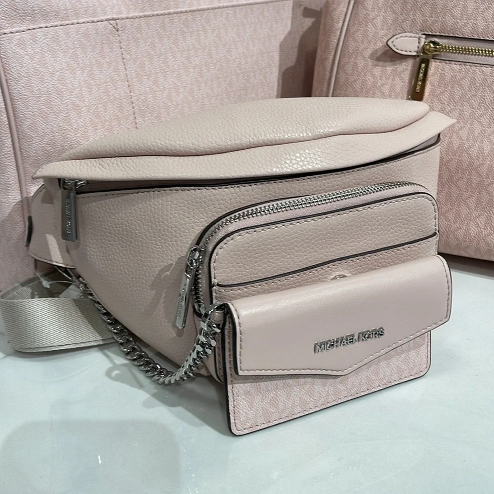 MICHAEL KORS Maisie Large Pebbled Leather 2-in-1 Sling Pack Lt Powder Blush  NWT